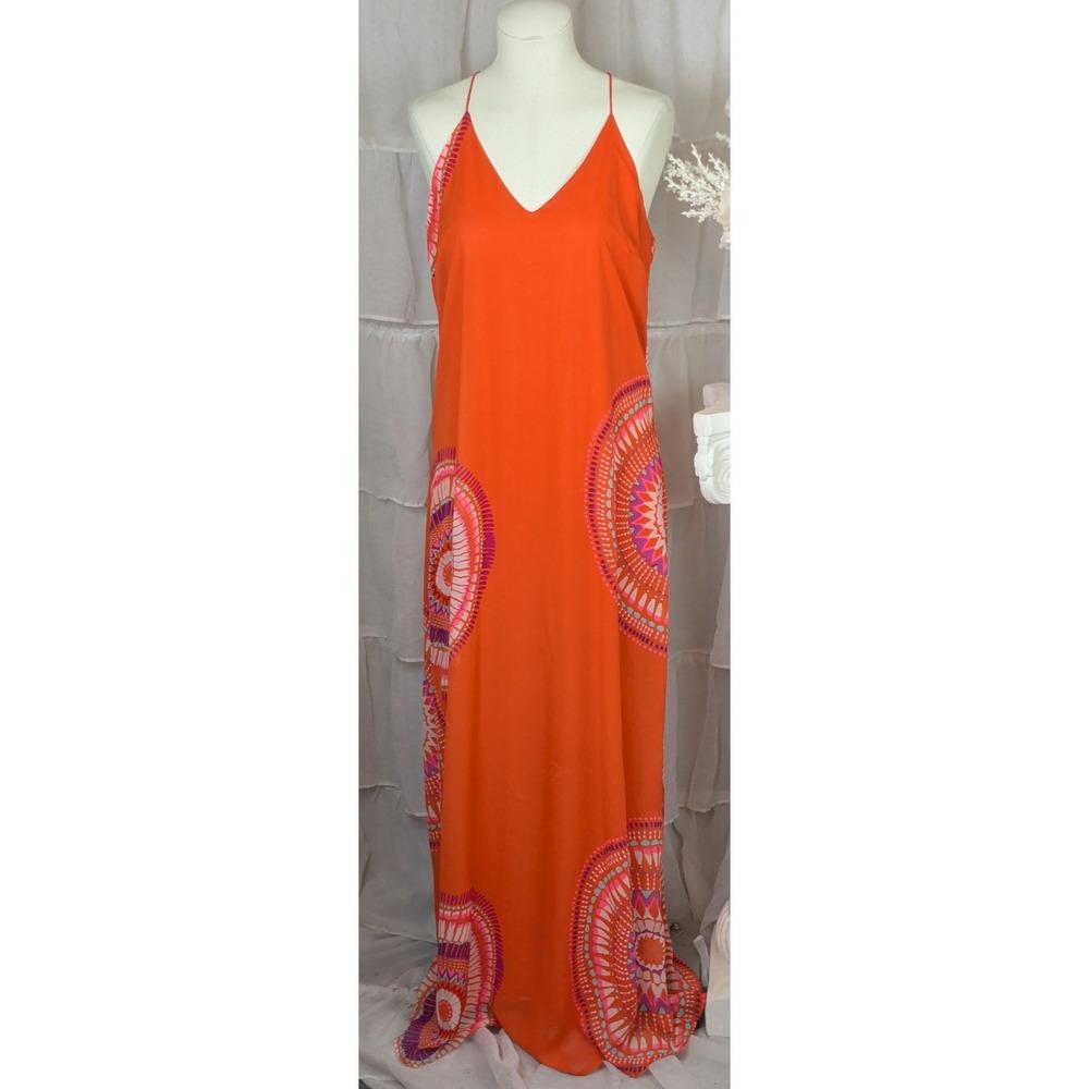 Old Navy Orange Coral Mandala Print V-Neck Spaghetti Strap Maxi Dress M - Picture 3 of 10